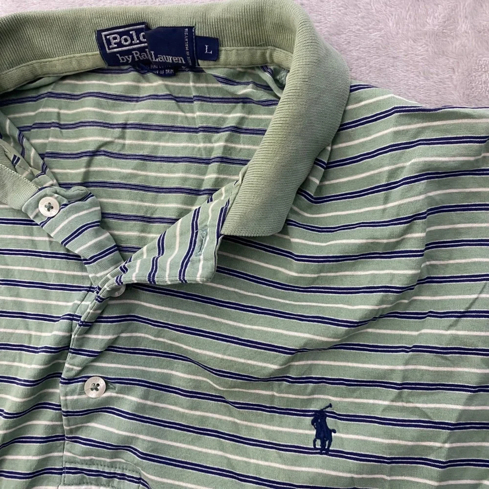 Polo Ralph Lauren Mens Large Green Striped Short Sleeve Cotton Polo Shirt